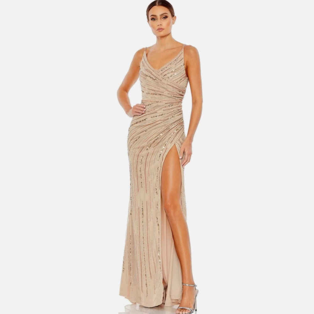 Mac Duggal Sequined Beaded Spaghetti Strap Cowl Back Gown